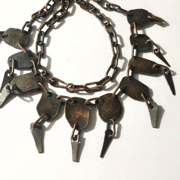 Vintage Brass Bib Necklace Etched Abstract Adjustable Chain Tribal Statement - Picture 2 of 16